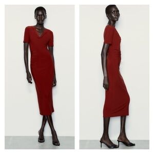 ZARA Burnt Orange Short Sleeve Ruched Bodycon Midi Cocktail Dress Small NWT